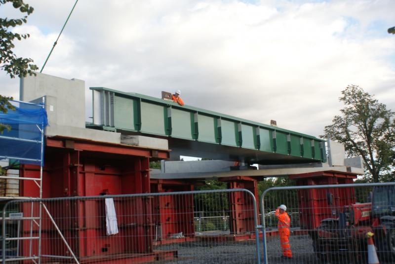 Photo of Causewayhead bridge's new precast cill units and northbound steel deck section in place on the stilts.