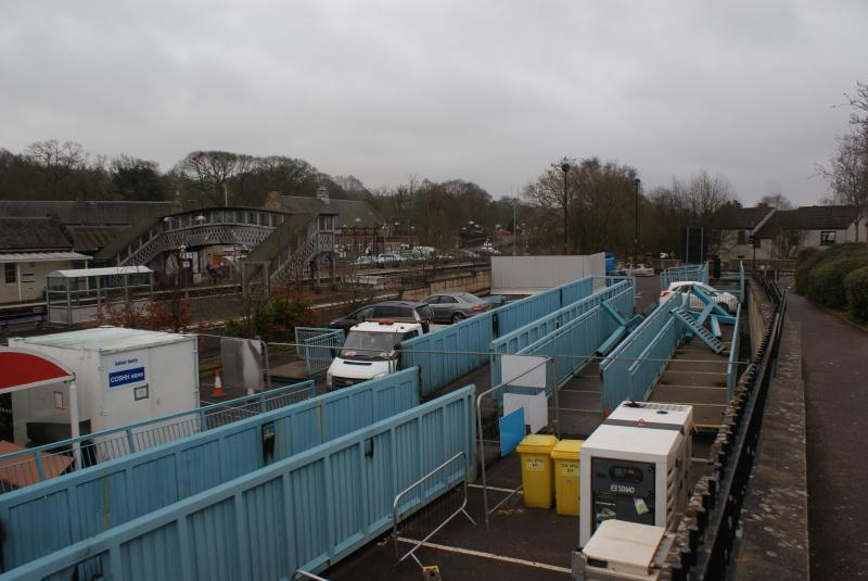 Photo of Dunblane's Blue Bridge in sections awaiting removal from the car park 09.03.14