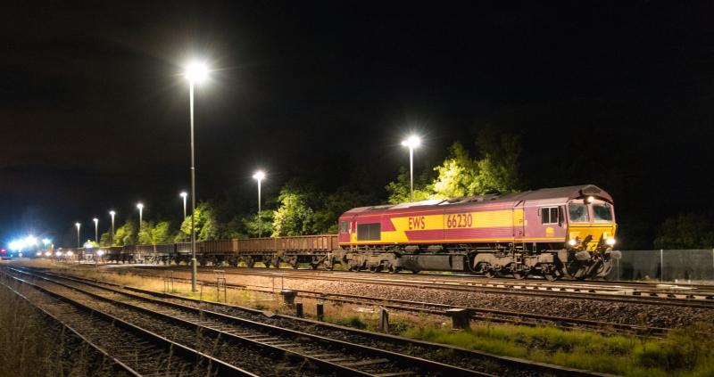 Photo of 66230 sits at Greenhill Upper with spoil wagons druing the removal of the Up Loops